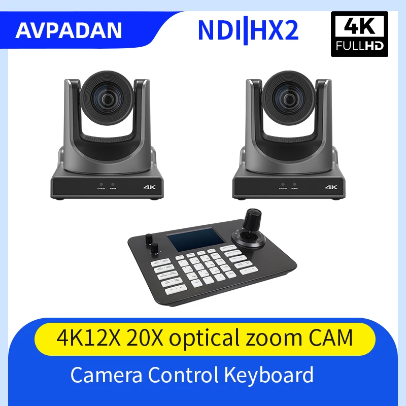 2pcs 4k60fps NDI POE PTZ Camera  12X 20X Zoom Live Streaming Cam and 1PCS PTZ Camera Controller for Video Conference