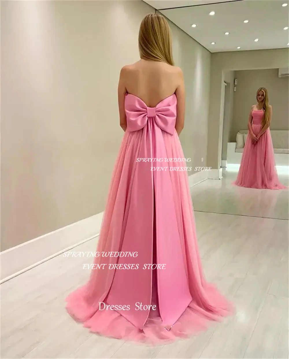 Éventuelles RAYING-Robe de Soirée en Tulle Rose, Sans Bretelles, Ligne A, Simple, Longueur au Sol, pour Bal de Promo, pour Occasions Formelles, avec Nministériels d dans le Dos