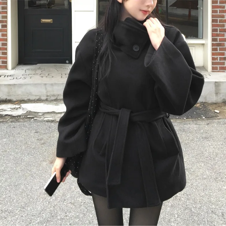 Korean Style Thickened Woolen Coat Stand Collar Waist Cinched Loose Small Size Autumn Winter Outerwear for Women Polyester Fiber