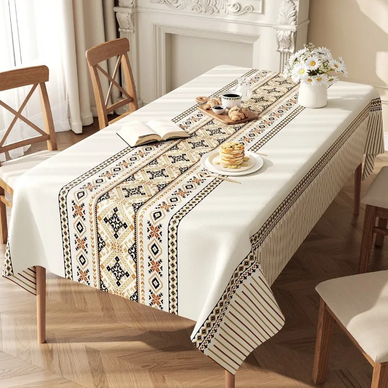 VIKAMA Ethnic-Style Tablecloth Off-White Base with Geometric Patterns Bohemian Restaurant Decor Unique Artistic Ambiance