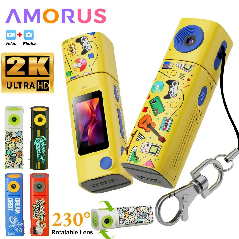 Lipstick CCD 2K Mini Thumb Camera Student Action Camera with 230° Rotatable Lens Photo Video Recorder Portable Keychain Camera