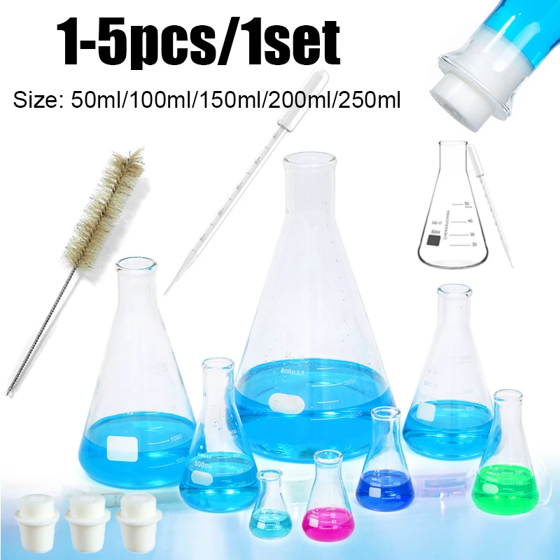 

1-5pcs 50-250ml narrow mouth glass Erlenmeyer triangular flask 15-68mm silicone stopper set for laboratory scientific research