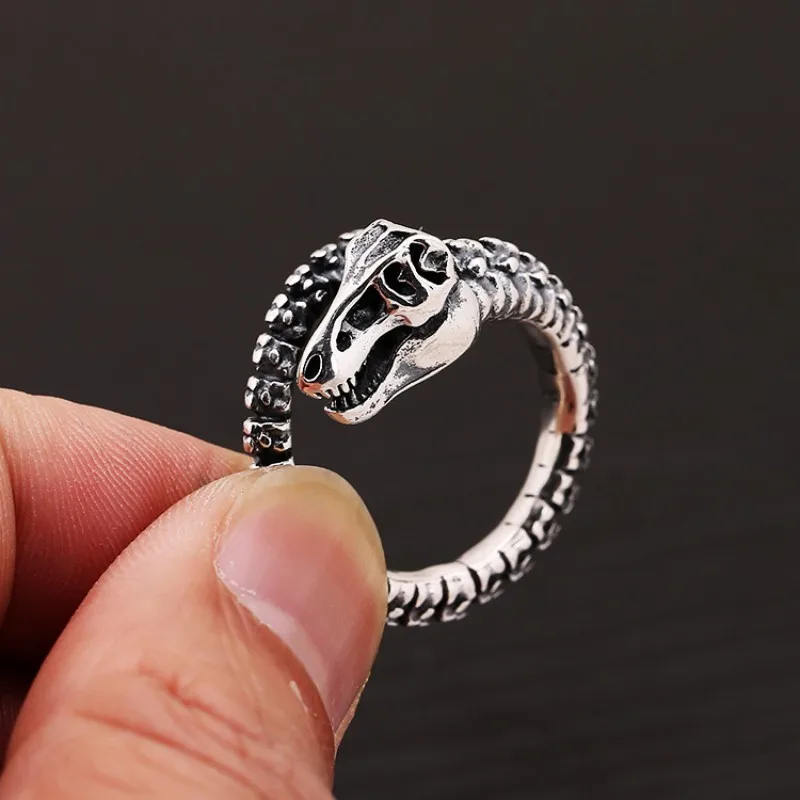 Buyee Sterling Silber großen Ring Finger niedlichen schwarzen Dinosaurier Knochen ring für Frau Mann Mode einzigartige Punk feinen Schmuck Kreis