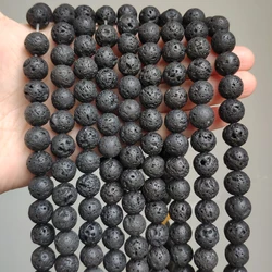 Wholesale 4-14mm Natural Black Volcanic Lava Stone Round Beads 15