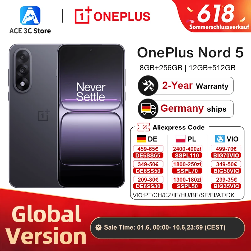 Globalna wersja smartfona OnePlus Nord 5 5G 8 GB + 256 GB / 12 GB + 512 GB, procesor Snapdragon 8s Gen 3, system Android 15, bateria 6800 mAh, ładowanie 80 W, Wi-Fi 6 – telefony komórkowe
