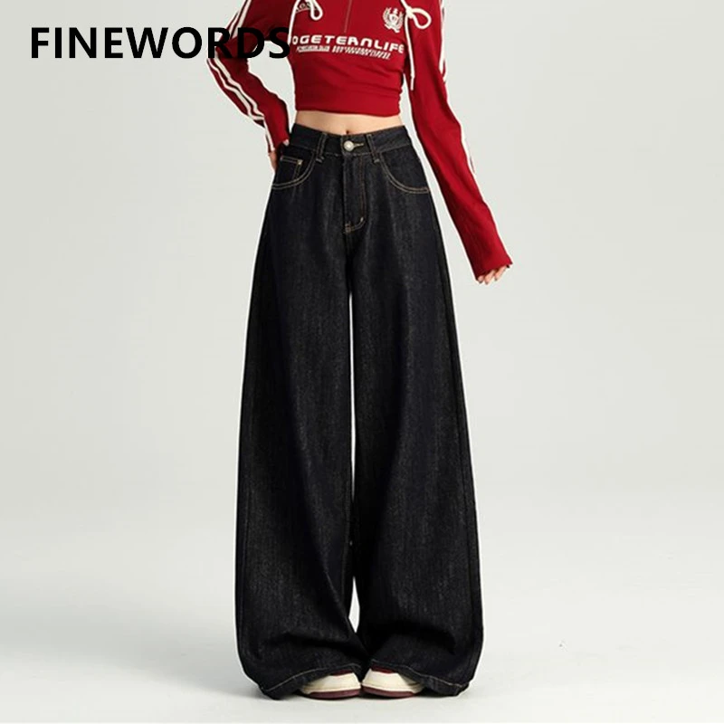 

FINEWORDS Korean Baggy High Waist Casual Jeans Women Streetwear Harajuku Wide Leg Jean Easymatch Full Length Blue Denim Pants
