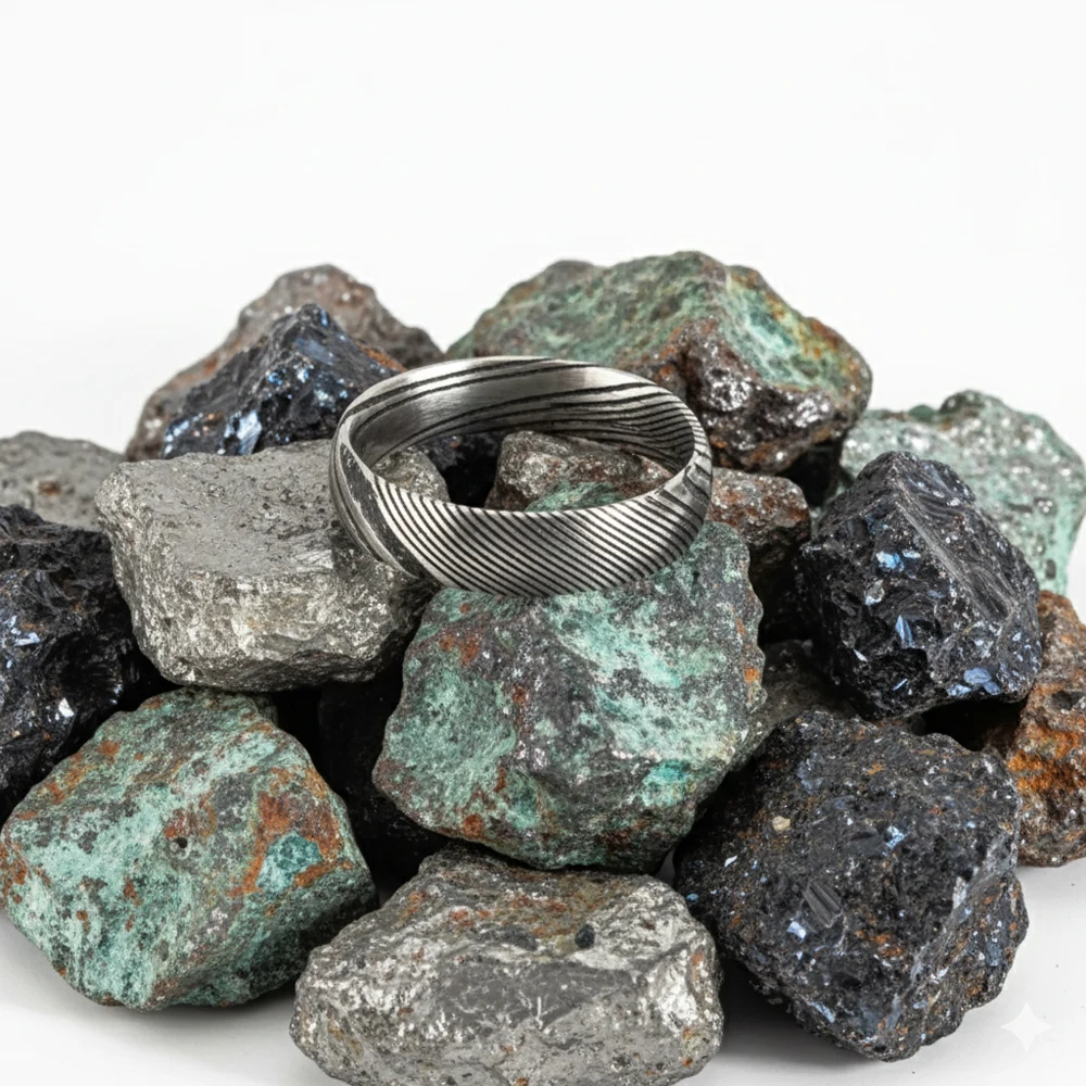 Brutalistischer Damaststahlring für Männer, minimalistisches Design, AAA+, Zirkonia, Ehering, einzigartige Herrenschmuck-Accessoires, 2025 – Detail 3