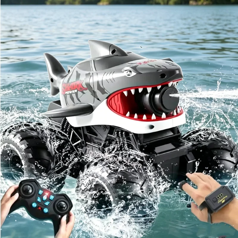 RC Amphibious Water Spray Shark Car Gun Long Range Automatic Absorption Dual Remote Control Vehicle Kids Toys Boy Outdoor Game