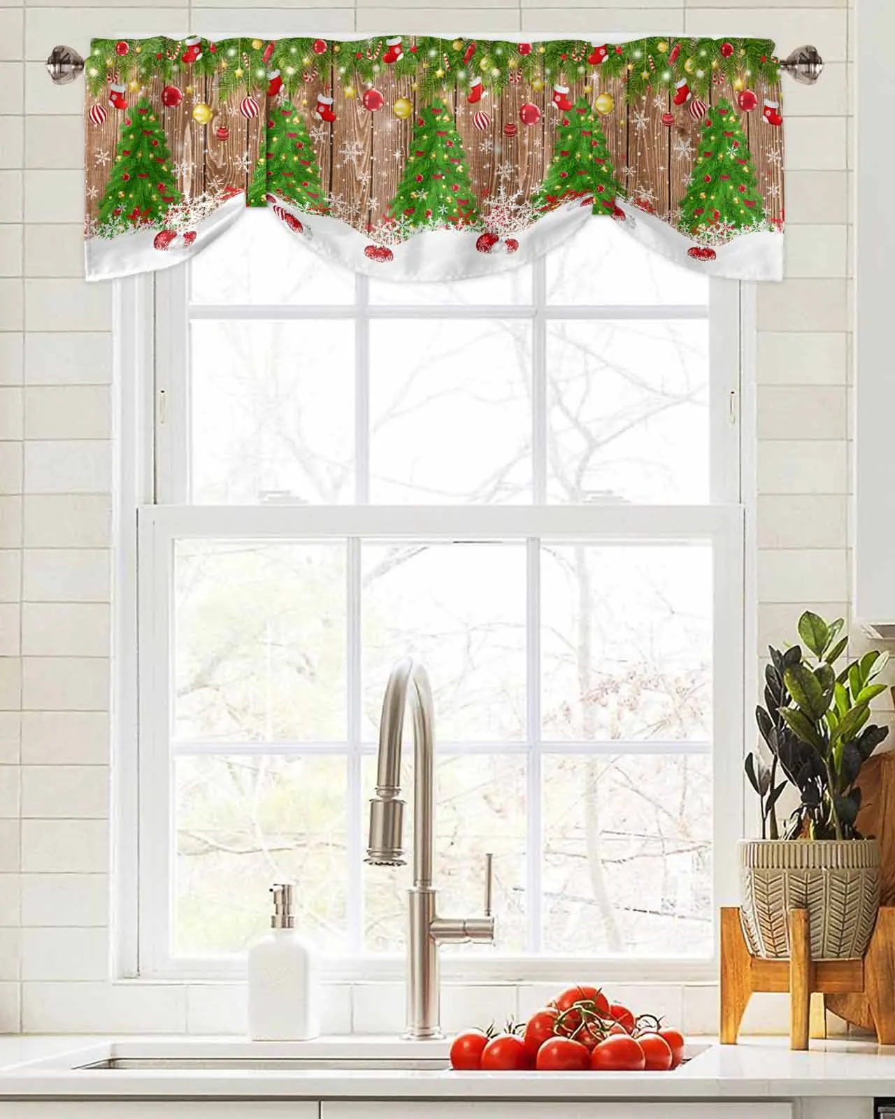 Christmas Tree Snowflake Socks Candy Wood Grain Window Curtain Living Room Kitchen Cabinet Tie-up Valance Curtain Rod Pocket