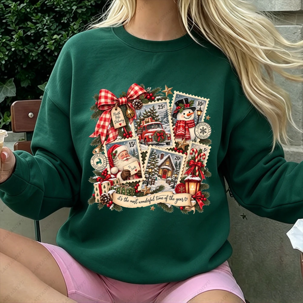 Vintage Christmas Stamp Graphic Sweatshirt Women Autumn Winter Santa Snowman Red Truck Print Loose Casual Long Sleeve