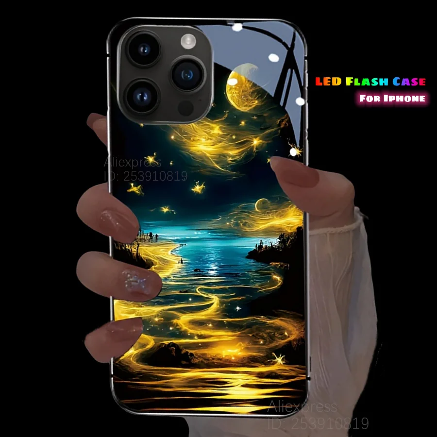 

Golden Moonlight Beach Voice Control Luminous Phone Case For iPhone 17 16 Plus 15 14 13 12 Pro Max Landscape Scenery LED Shell