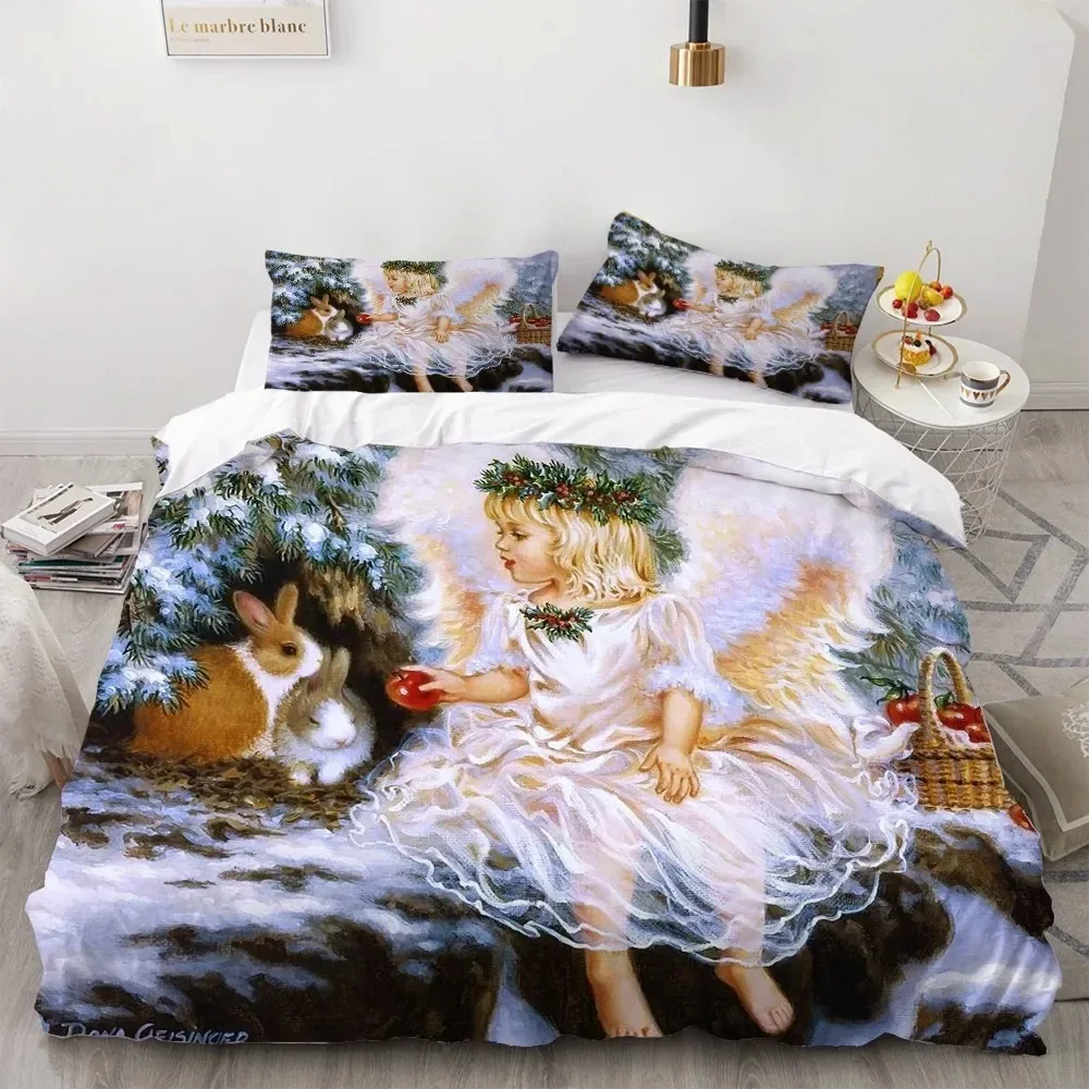 Angel Oil Painting Bedding Set - 2/3 Pieces Cartoon Warm Duvet Cover Boys Bedroom Quilt Cover with Ancient Art Green Theme