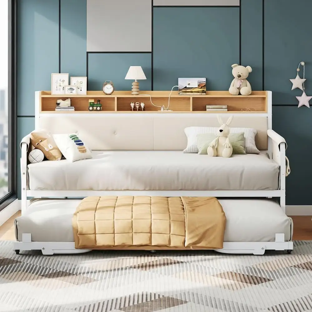 

Двуспальная кровать-софа с выдвижным спальным местом, обитой обивкой и зарядной станцией, подходит для гостиной, спальни и комнаты для гостей, белая