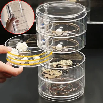 Rotierende Schmuck-Aufbewahrungsbox, Make-up-Organizer, Aufbewahrungsregal, Armband, Ohrringe, Uhr, Kunststoff-Aufbewahrungsbox, Display-Rack mit Abdeckung