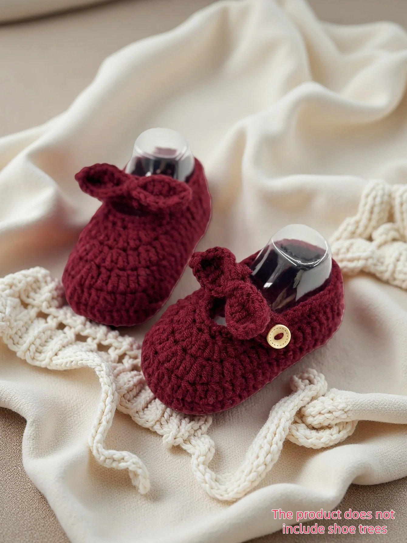 

1 Pair Handmade Crochet Baby Booties, Burgundy with Bow and Button Accents, Soft Knit Newborn Shoes