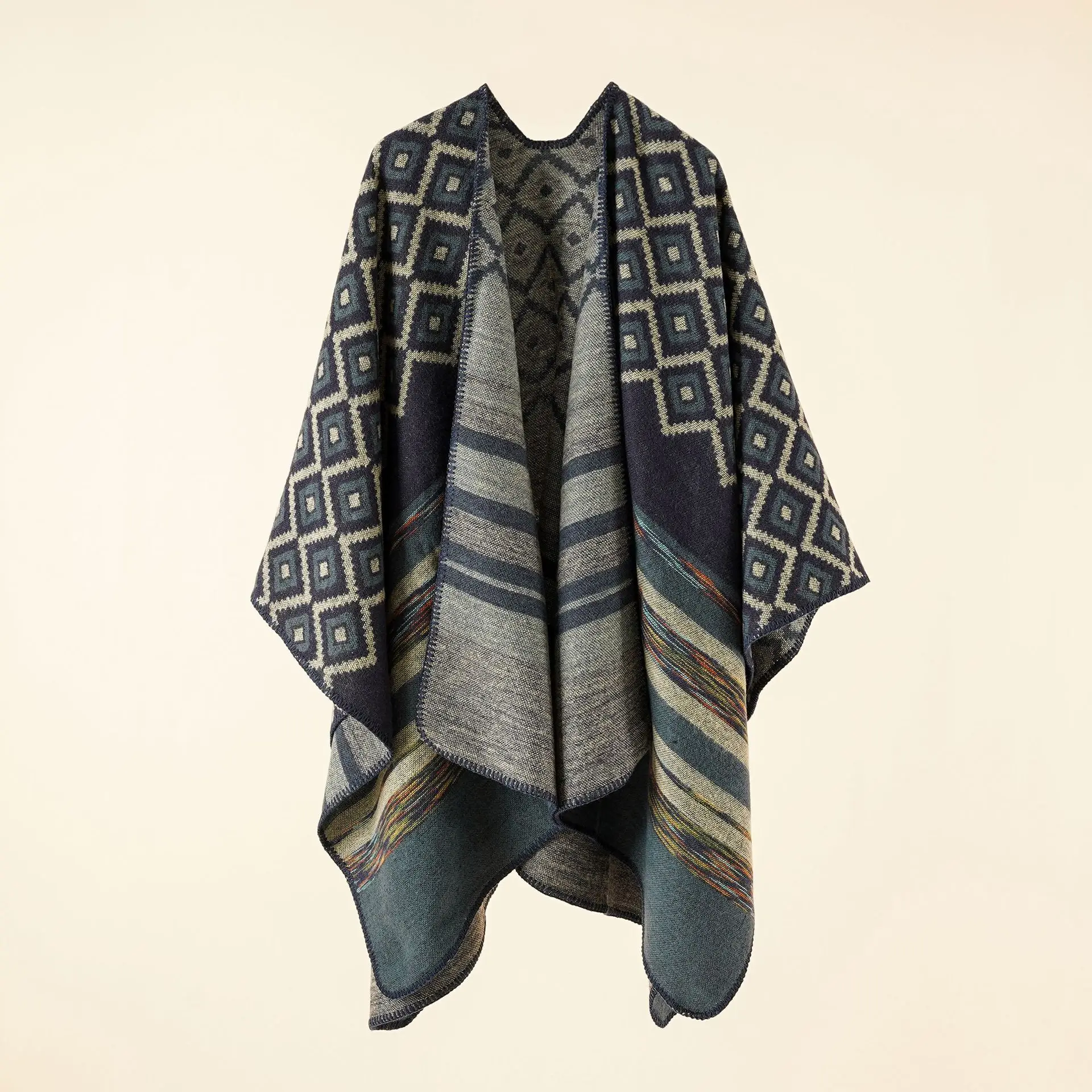 Autumn Winter New Geometric Stripe Pattern Imitation Cashmere Warm Casual Women Shawl Poncho Capes Lady Coat Black