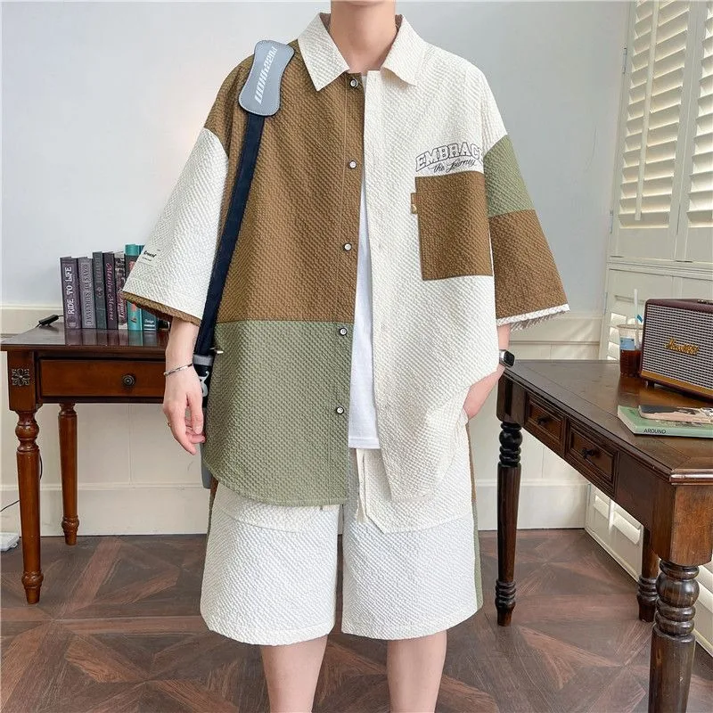 Summer Short-sleeved Tops Men's Shirt Outer Suit Hong Kong Style Tees Loose Version Trendy Shorts Shirts Casual Two-piece Sets