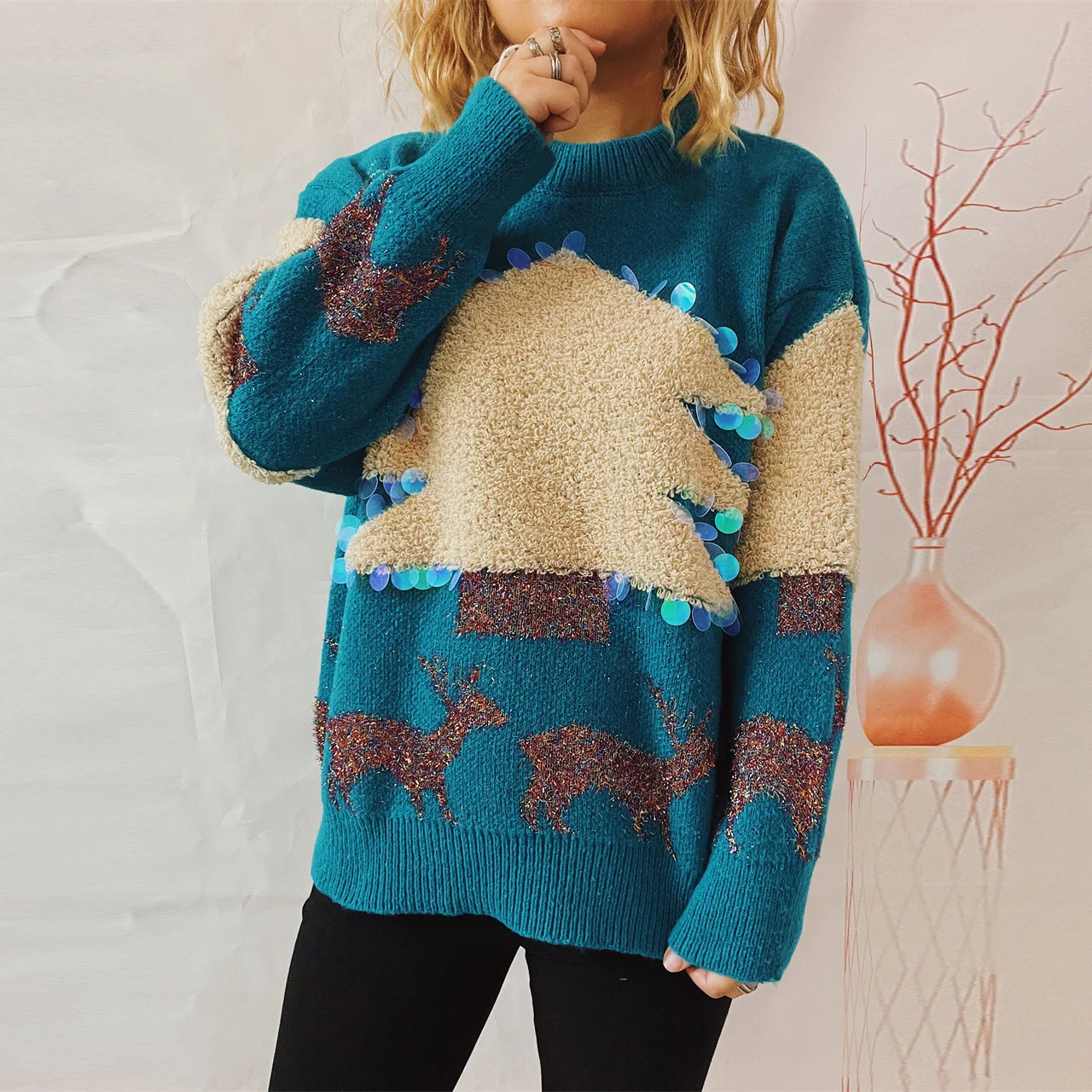 2023 Holiday Sweater Handmade Sequins Christmas Tree Little Deer Jacquard Thickened Pullover