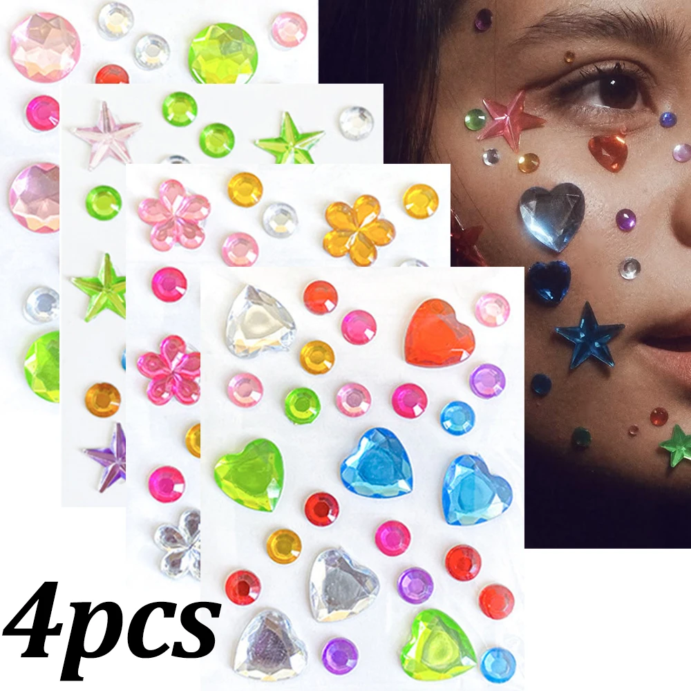 4 sheets Bling Gem Face Temporary Tattoo Stickers 3D Heart/Star/Round/Plum Bossom Colorful Rhinestone Kids Girl Body Makeup Deco