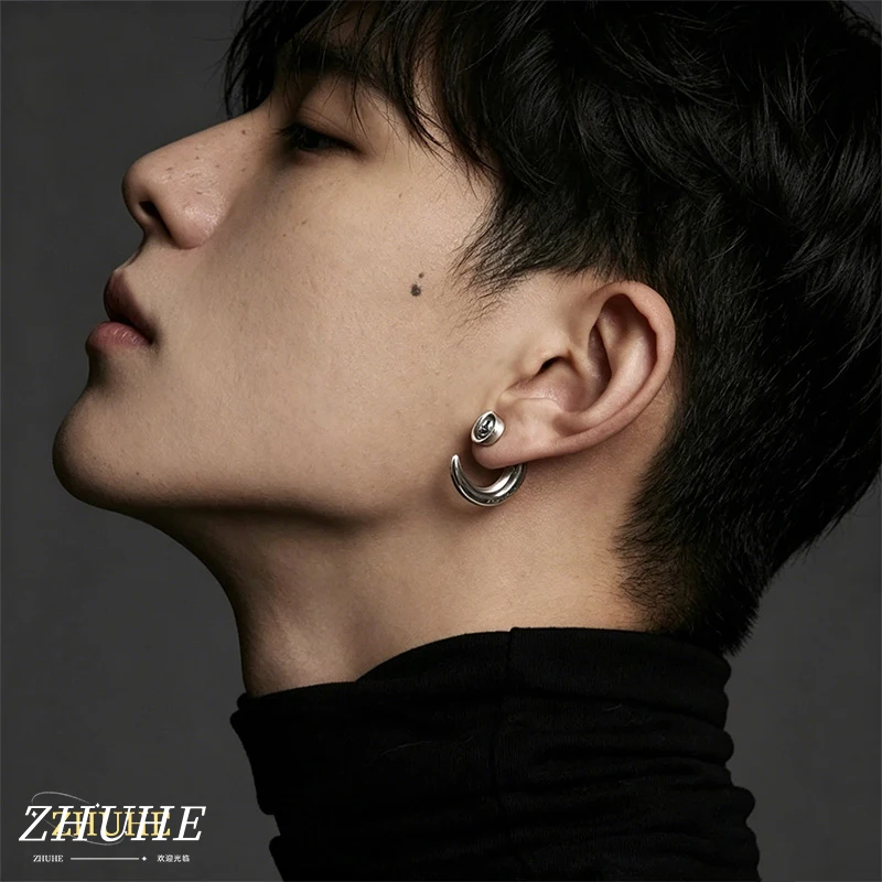 

Men Women Copper Material Jewelry Accessories, Modern Avant-Garde Blue Crystal Earrings, Unique C-shape Piercing Earrings for Tr