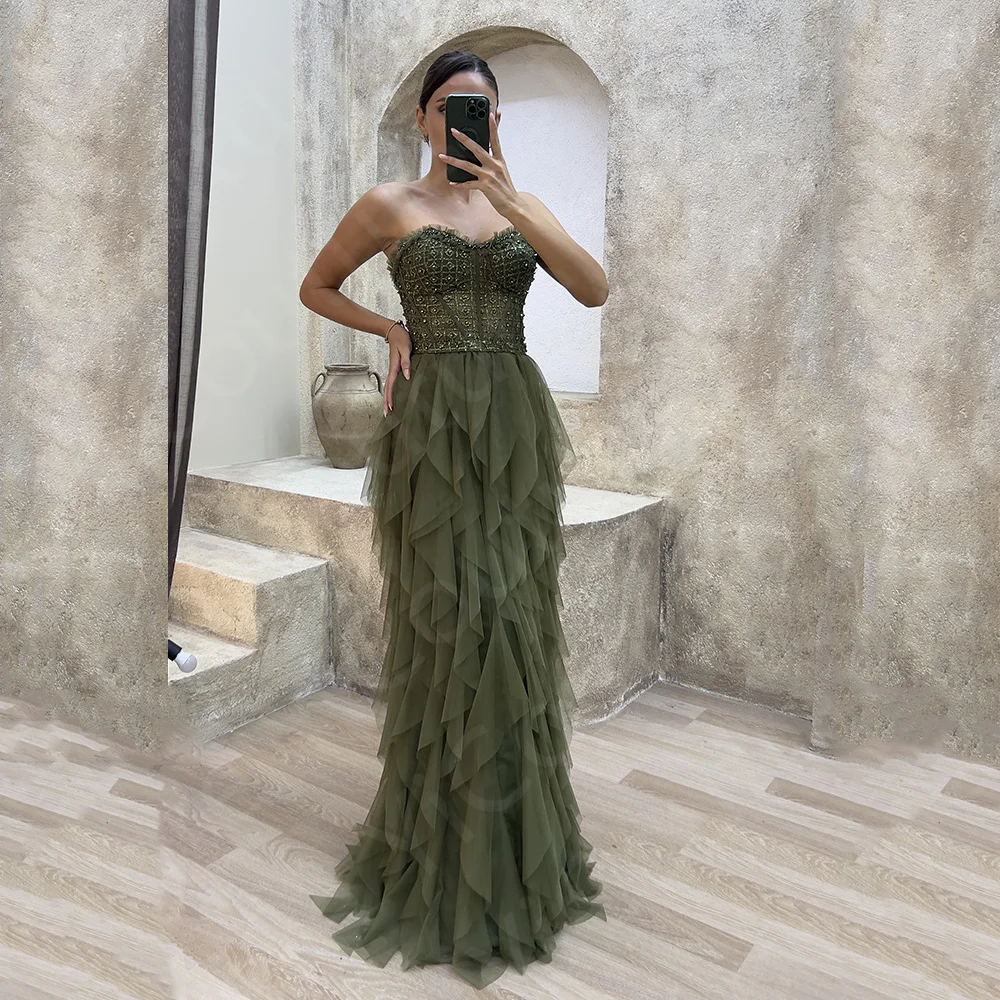 Charming Dark Green Evening Dresses 2024 Tiered Ruffles Skirt Prom Gowns Sweetheart Beading Wedding Party Dresses Back Out