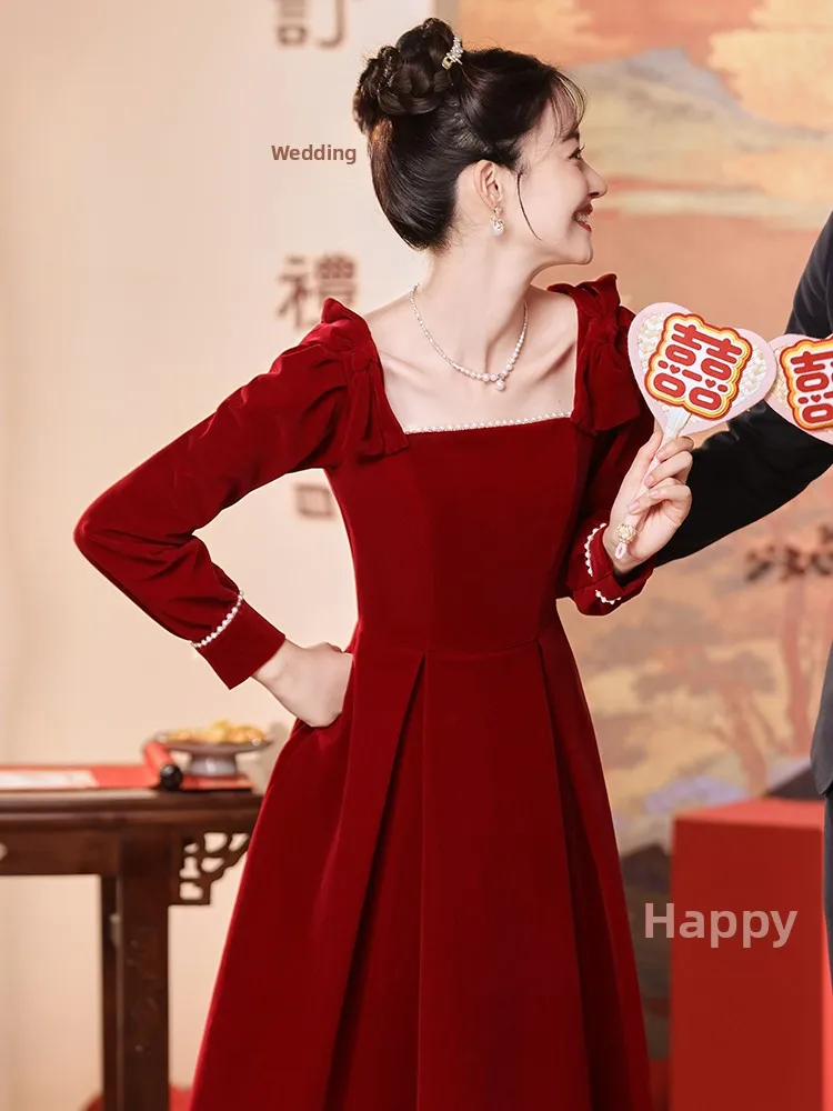 

Velvet Long Sve Wedding Dr Korean Sle A-Line Skirt Mid-Waist Zipper Ba Bridal Gown for Engagement And Wedding Recep...