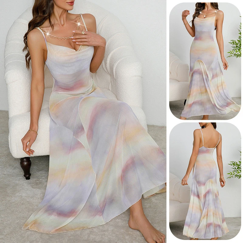 Tie-Dye Off-Shoulder Waist-Cinching Long Dress With Printed Straps, Bodycon Beach Dress, Mesh Elegant Fishtail Dress