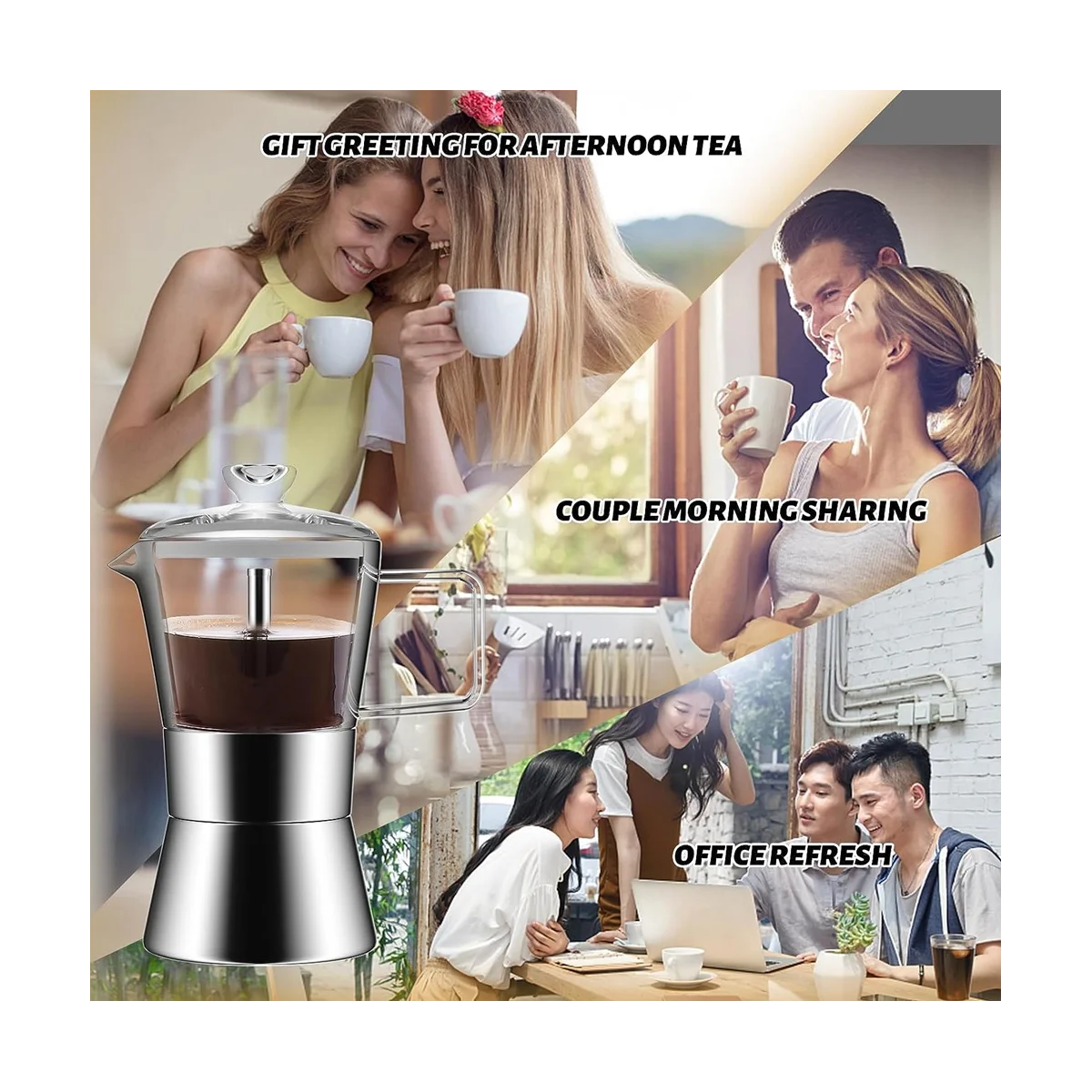 Moka Induction Stovetop Espresso Maker,Glass-Top & Stainless Steel Espresso Moka Pot,Classic Italian Coffee Maker, 240Ml