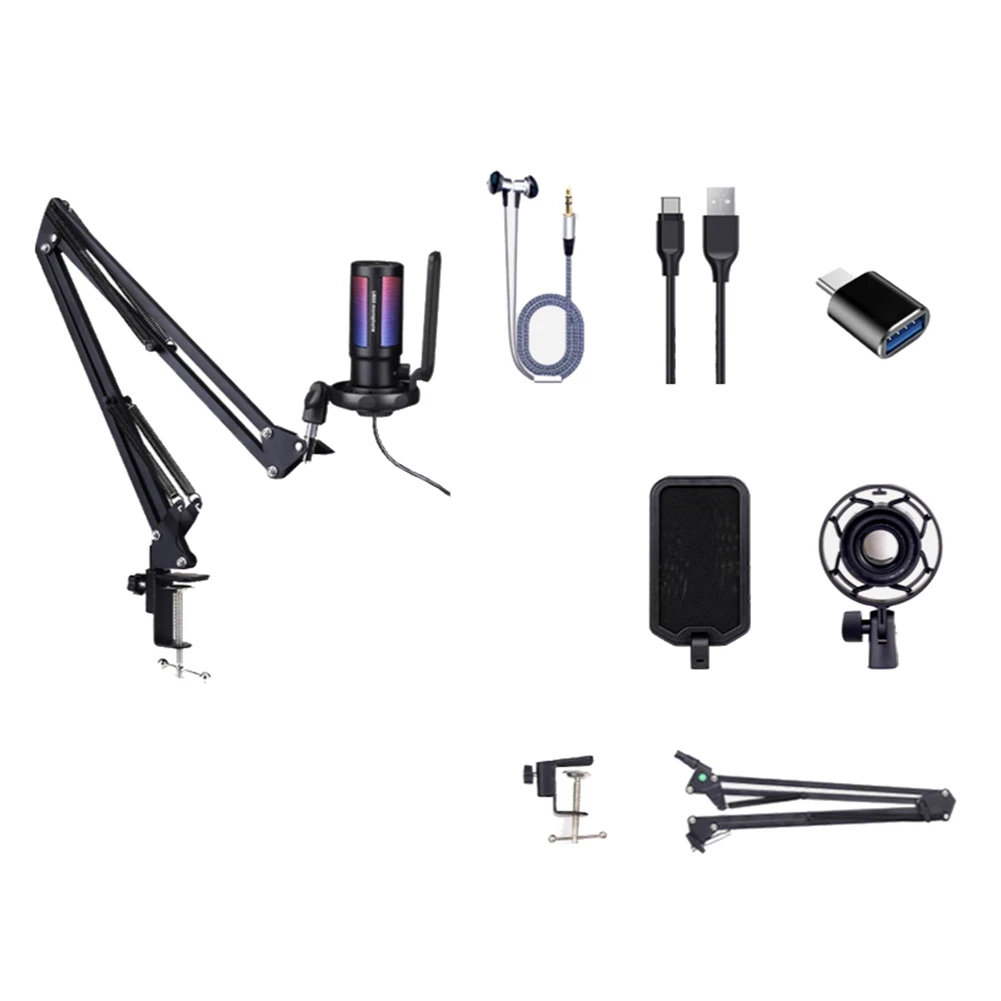 

USB Gaming Microphone Kit for PC,/5 Condenser Cardioid Mic Set with Mute Button/RGB /Arm Stand