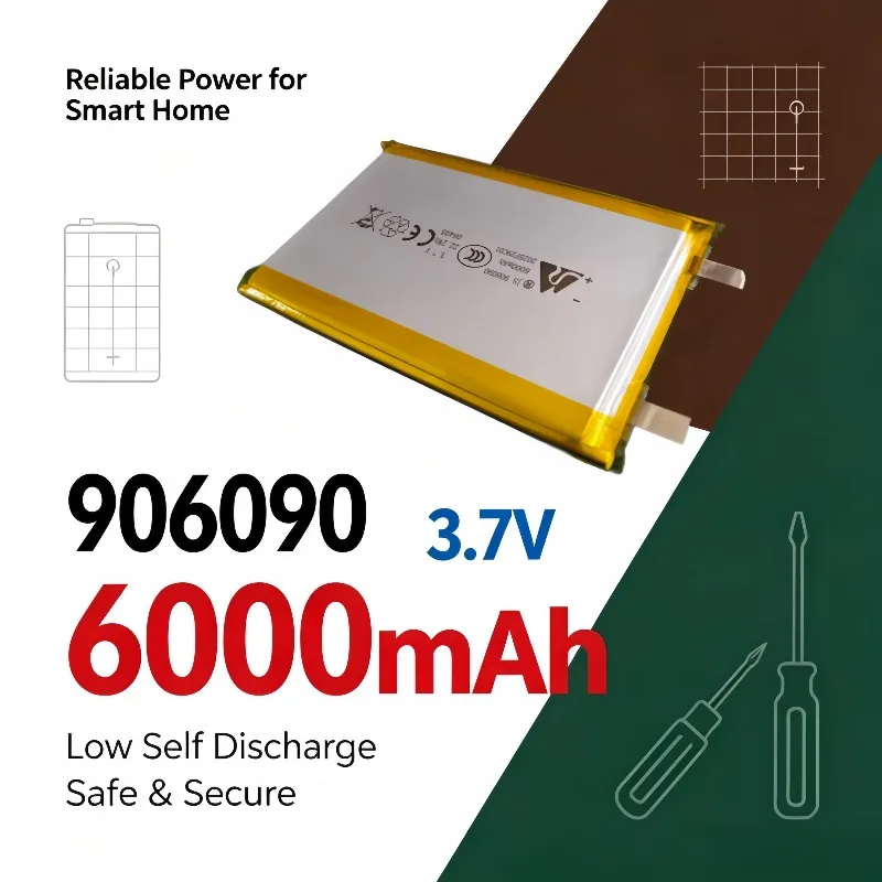 906090 3.7V 6000mAh Lithium Polymer Battery, Low Self-Discharge, Safe for Smart Home Control System Power Supply