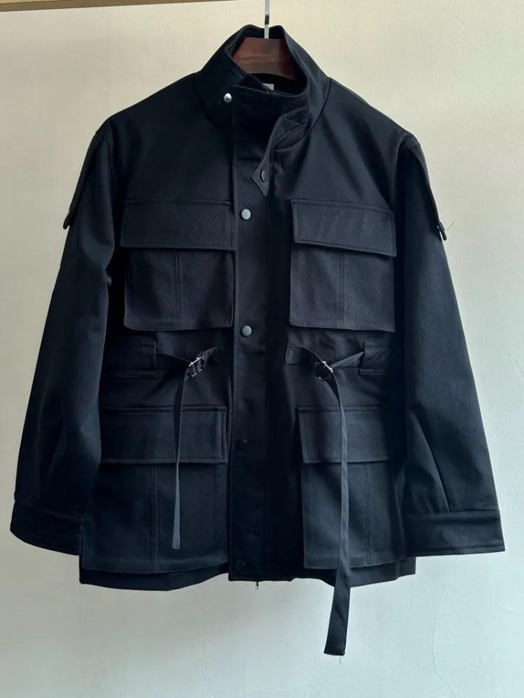 Spring New Casual Mens Cargo Coat Stand Collar Multi Pocket Vintage Loose Fit Streetwear Outerwear Design Hunting Jacket Male