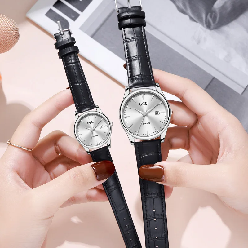 Gedi Couple's Classic Genuine Leather Watch Simple Advanced Calendar Waterproof Quartz Watch New Good-looking Watch