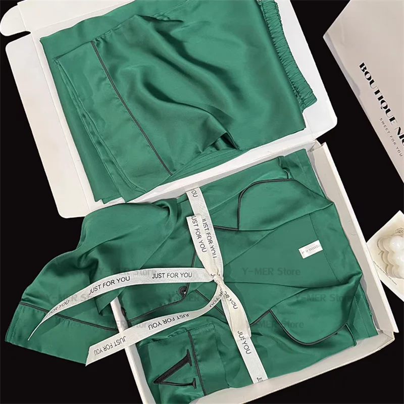 2025 Spring Summer New Pajamas Green Embroider Letter Sleepwear Long Sleeve Top Pants Luxury Rayon Pijama Mujer Loungewear