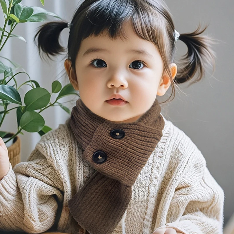 Winter Warm Kids Scarf Button Decor Children Cross Neckerchief Fashion Boy Girl Neck Covers Solid Color Woolen Knitted Scarves