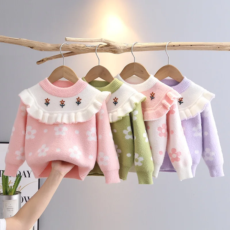 

Baby Girls Pullover Sweater Flower Embroidery Autumn Cotton Sweaters Top New Baby Clothing Toddler Girls Ruffles Clothes IY06111