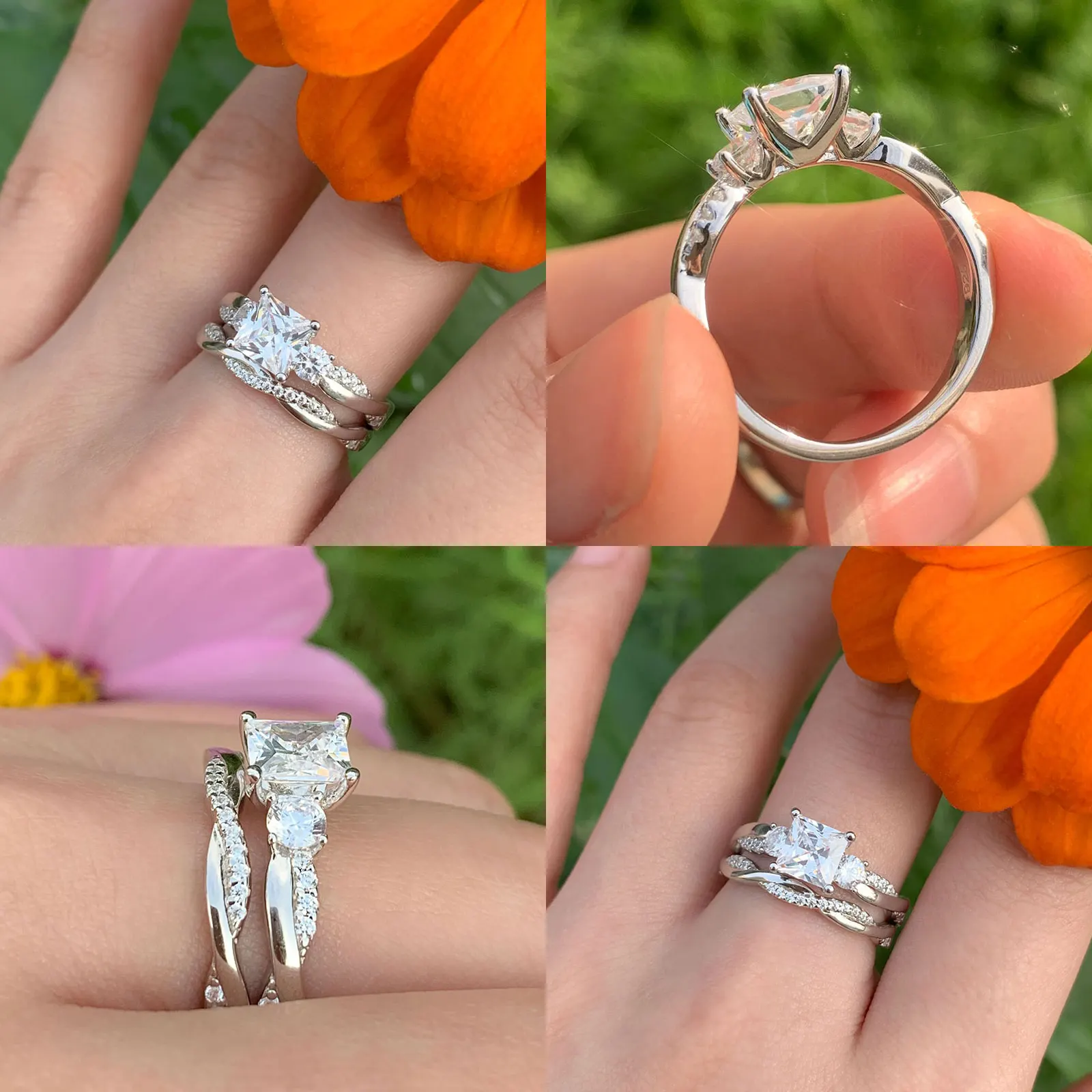 Newshe 925 Sterling Silver Moissanite/Zircons Princess Cut Eternity Engagement Rings Twist Wedding Band Bridal Sets