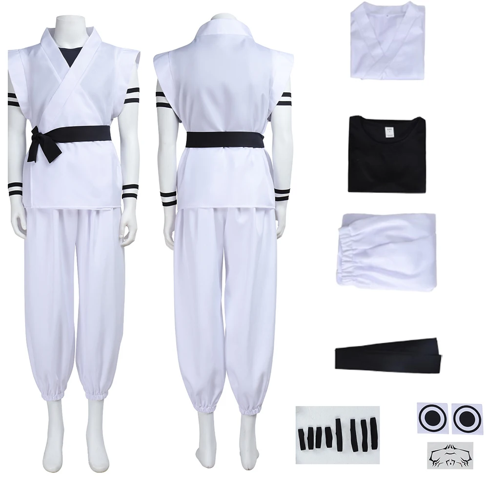 2026 Japanisches Manga Anime Ryomen Sukuna Rollenspiel-Kostüm Weißer Kung-Fu-Anzug mit Tattoo Showdown Cosplay-Kostüm Komplettset
