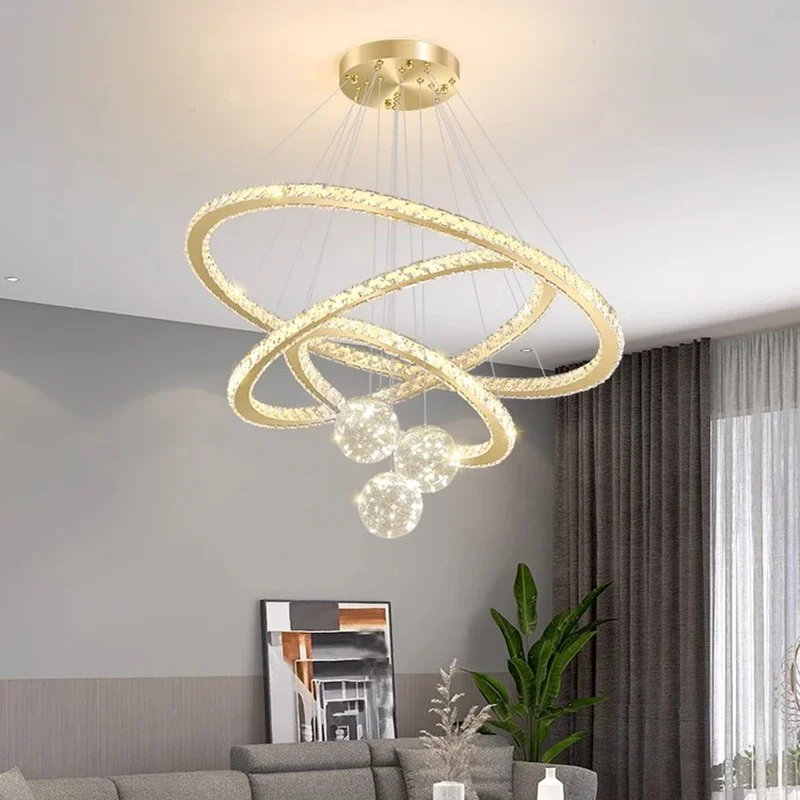 Nordic Simple Home Decor Ring Crystal Led Pendant Lamp Dimmable for Living Dining Table Room Bedroom Ball Hanging Light Fixture