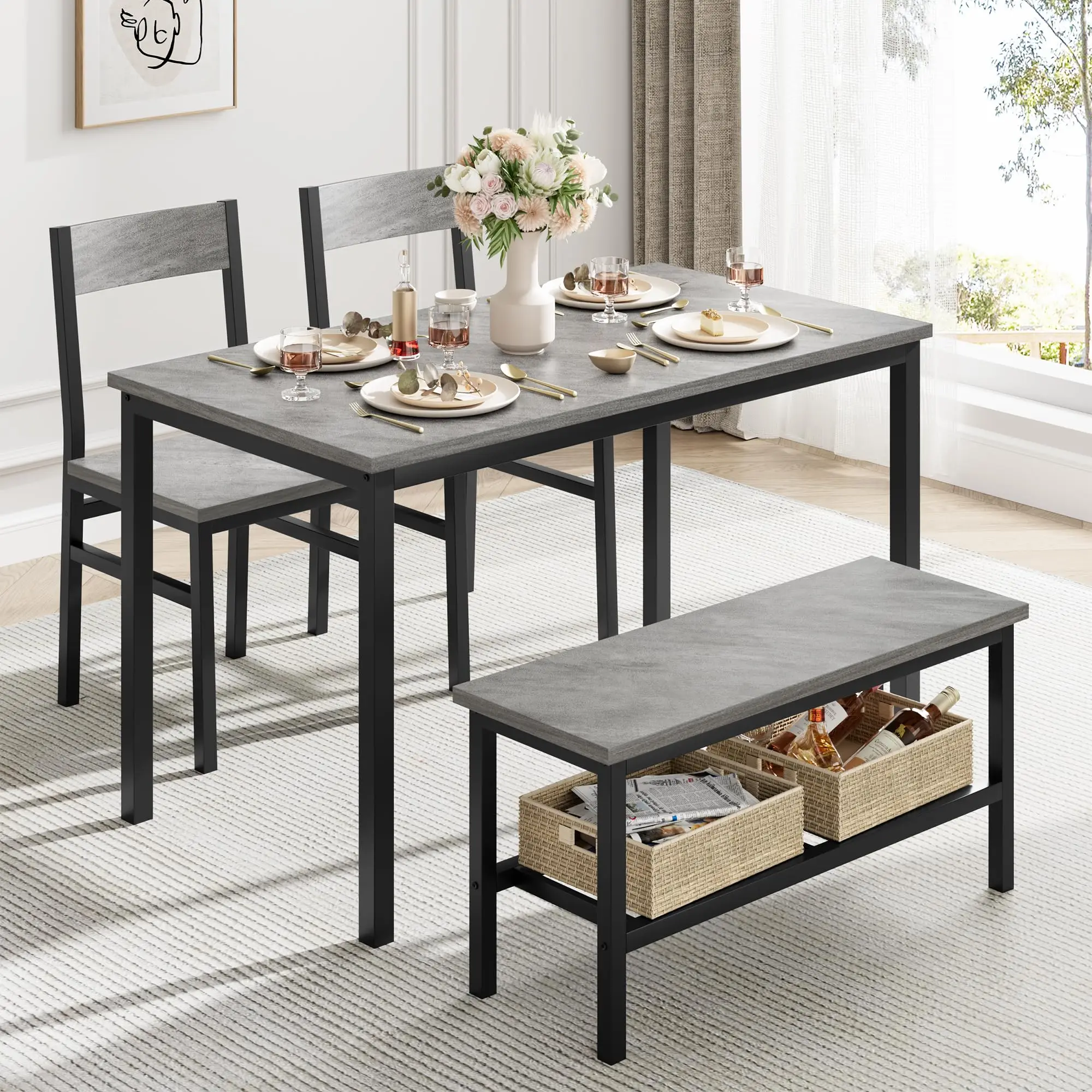 Ensemble de salle à manger 4 pièces peu encombrant – Table à manger moderne avec 2 chaises et une banquette – Structure en métal robuste, plateau en b