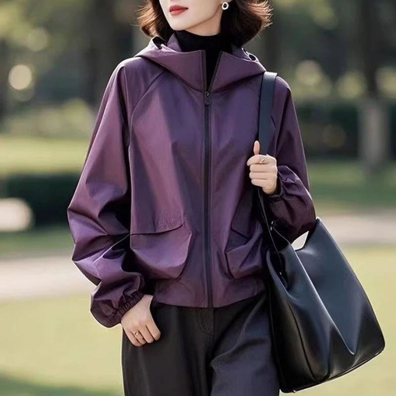 

Women's Simple Fashionable Solid Color Cropped Hooded Jacket Casual Loose Fit Top Trendy Spring Autumn