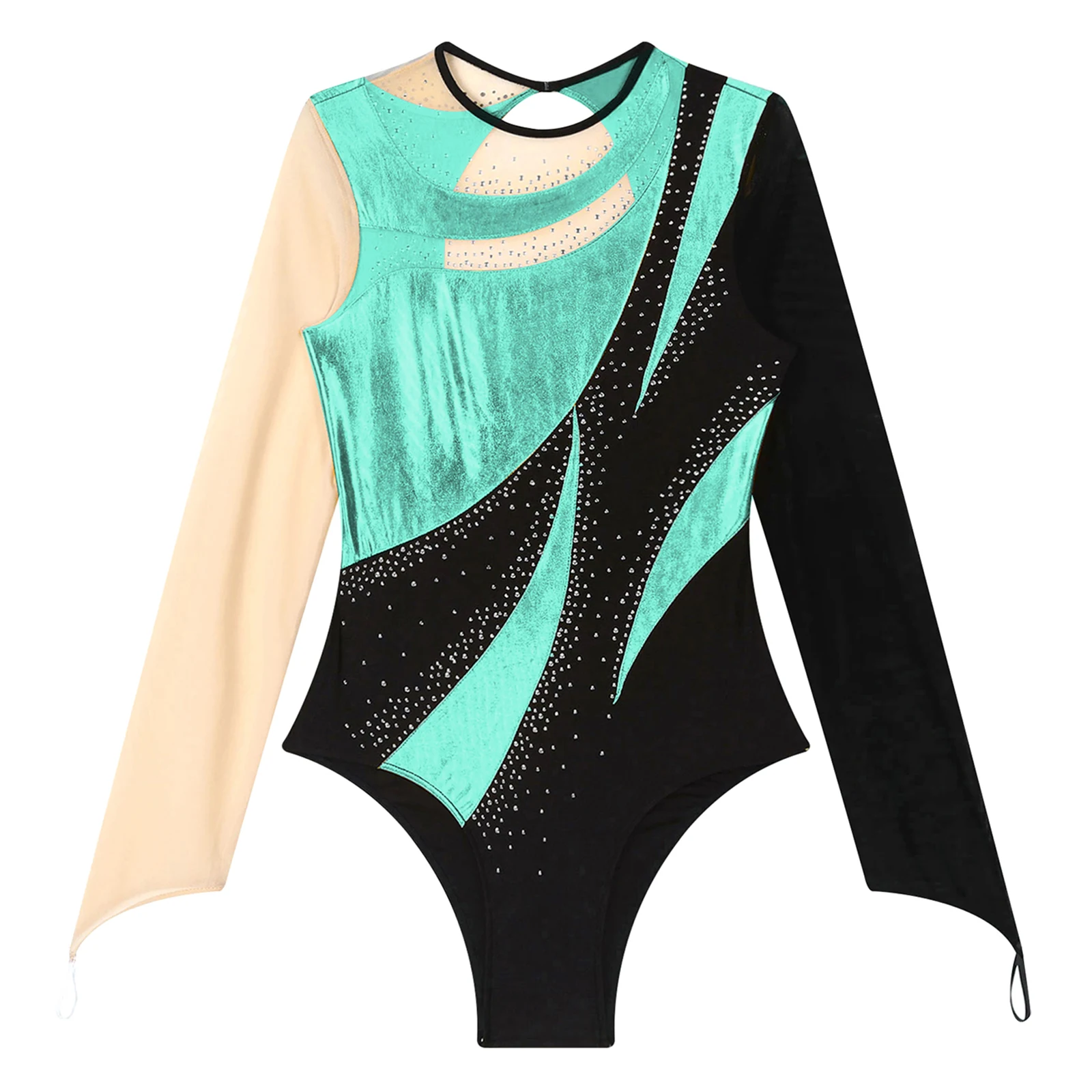 AqShiny Ballet Unitards pour femmes, costume de batterie, maille transparente métallique, manches longues, danse, performance, patinage