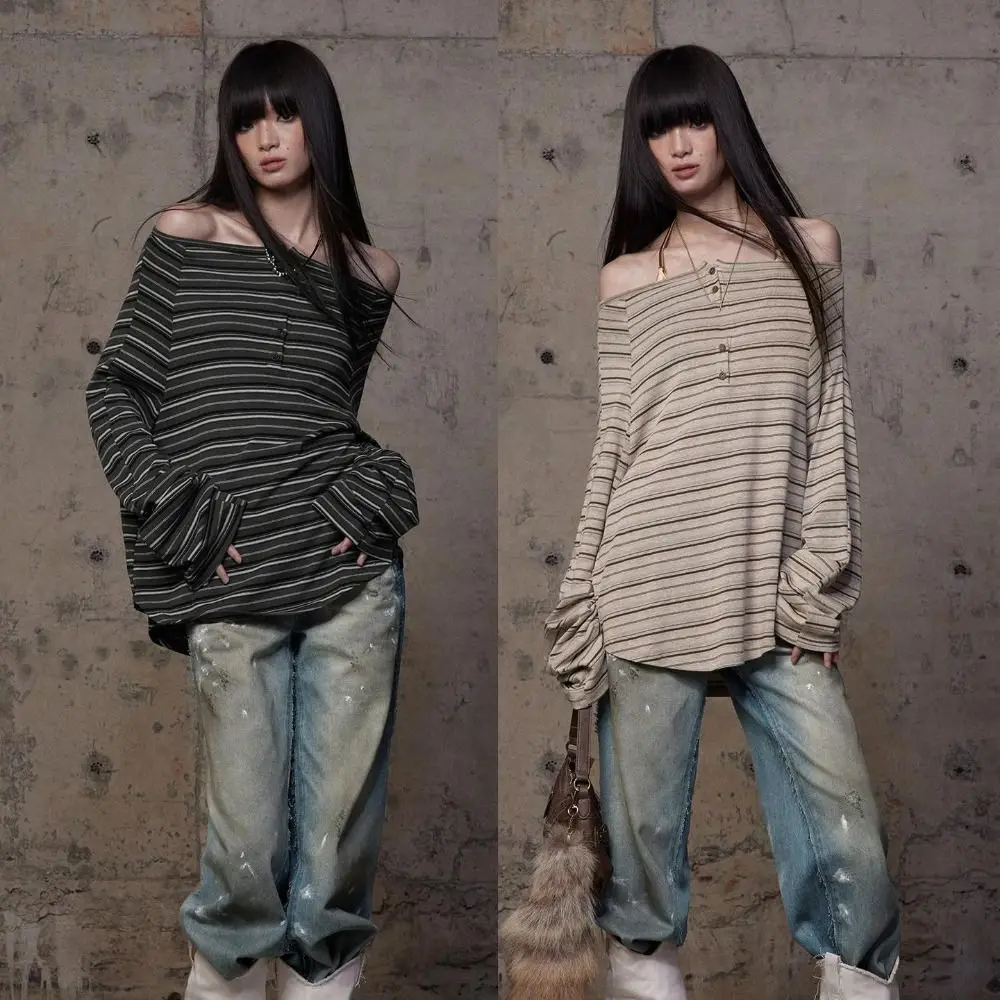 

Простая футболка в полоску с длинными рукавами в стиле ретро, нерегулярный свободный пуловер на пуговицах, стильные шикарные укороченные топы Y2k, женские осенние