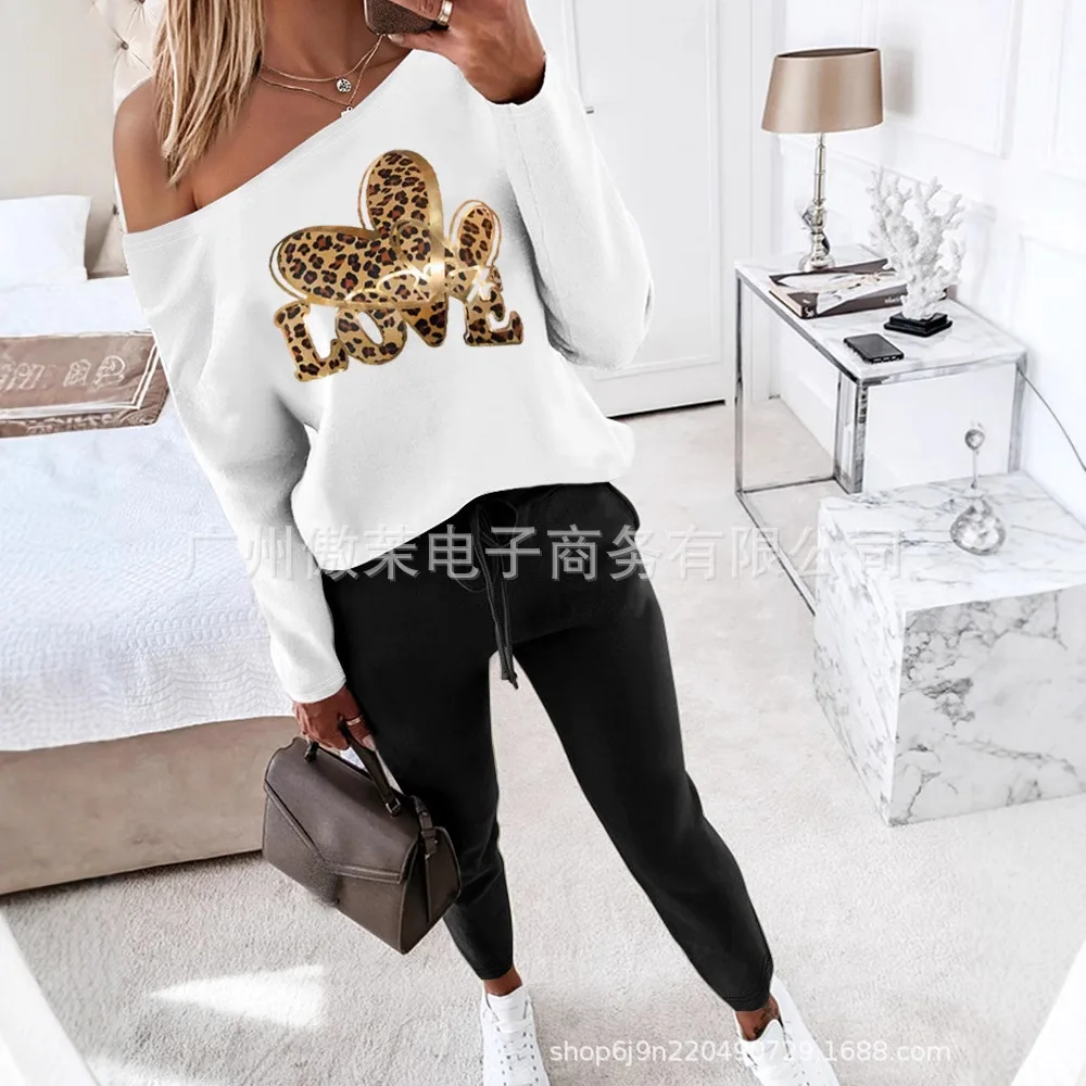 

Women Fashion Summer 2 Piece Leopard Heart Love Print Skew Neck Top Drawstring Waist Pants Casual Tracksuit Set