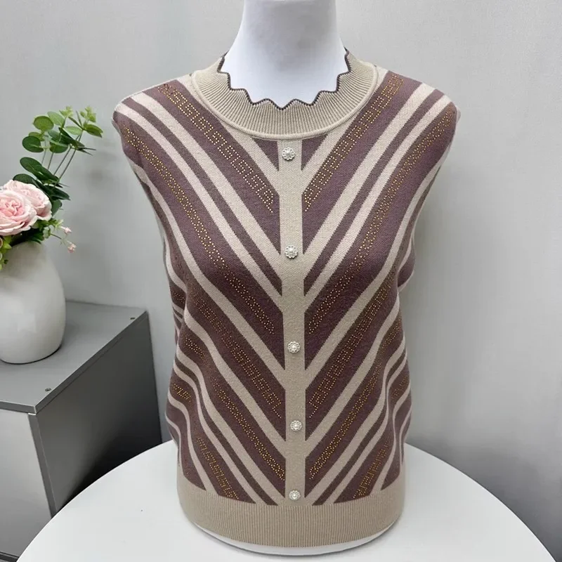 Damen Strickweste mit Muschelkragen und Chevron-Streifen, Strass-Knöpfe, Locker Geschnitten, Übergröße, Mutter-Kind-Strick-Tanktop