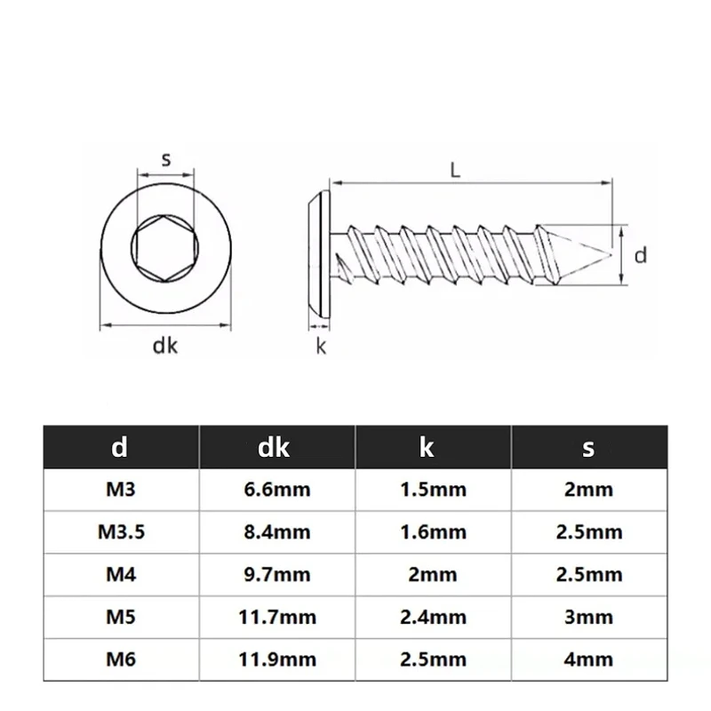 Carbon Steel M3 M3.5 M4 M5 M6 BLACK Flat Thin Wafer Head Self Tapping Screws Hexagon Socket Furniture Wood Screws
