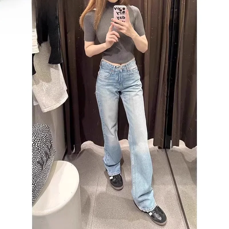 

High Waist Wide Leg Jeans Retro Sle Spring New Women's Faion Blue Denim Straight Cut Trousers for ort Women