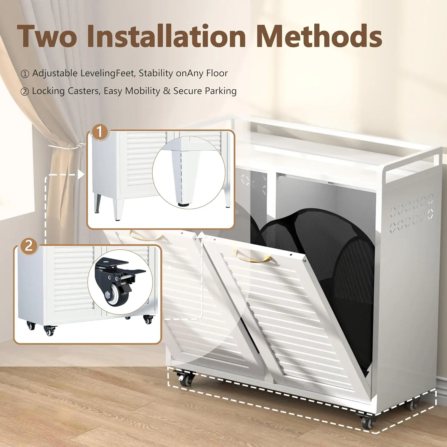 Double Tilt Out Laundry Hamper Cabinet, 2-in-1 Rolling Casters + Fixed Feet, Waterproof Rustproof Metal, 33Gal, Customized