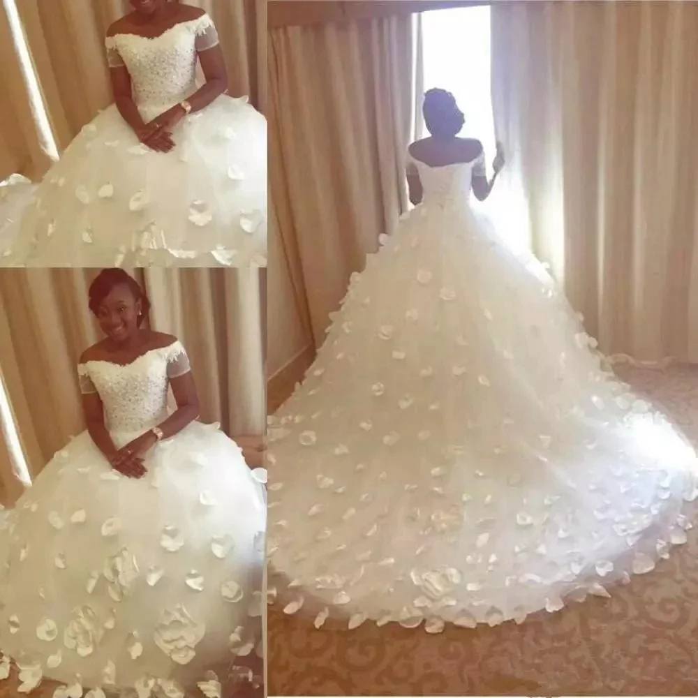 Customize Plus Size African Nigerian Wedding Dresses Luxury Pearls Beaded 3D Floral Butterfly Off Shoulder Princess Garden Weddi