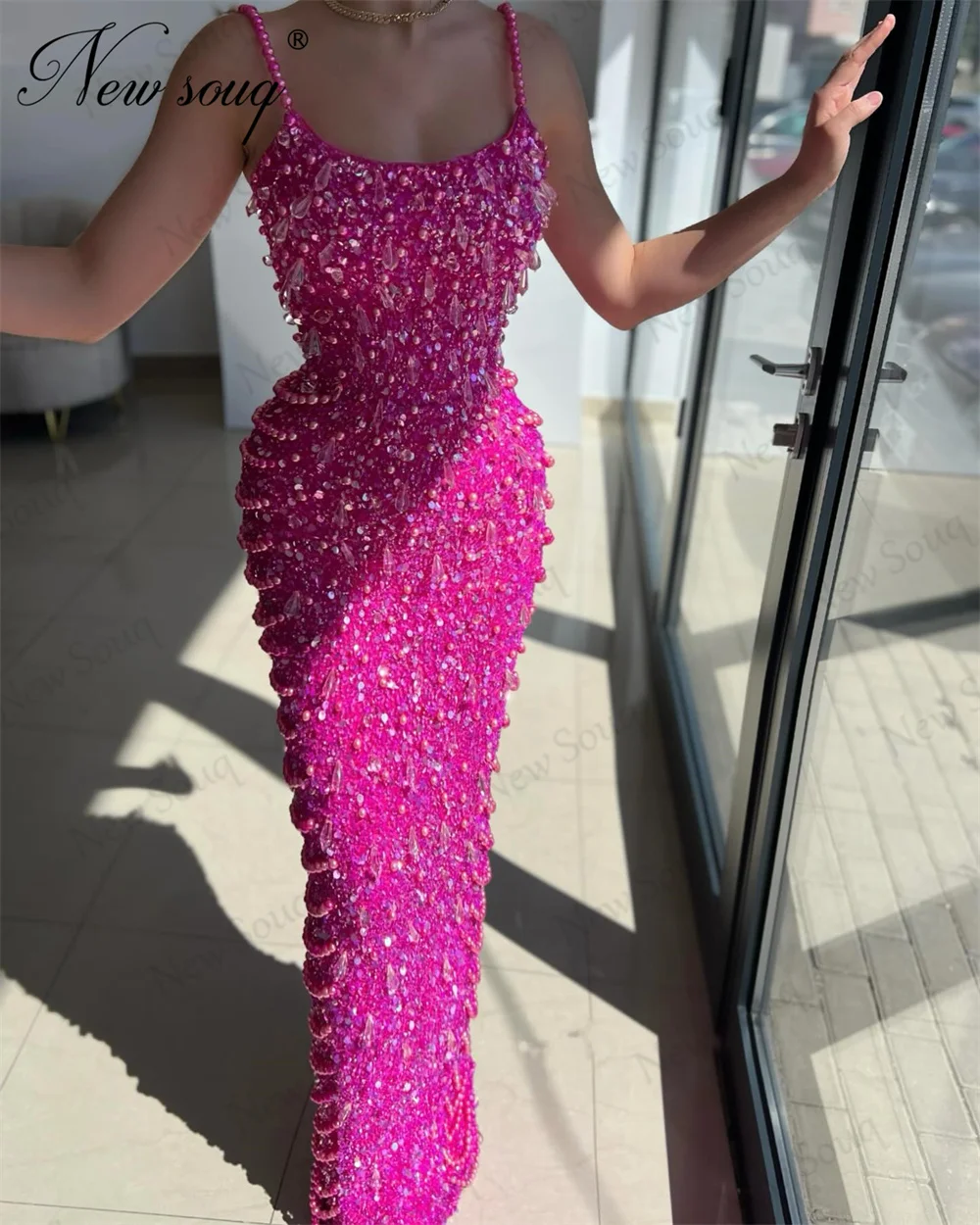 

Fuchsia Beaded Evening Dresses Vestidos De Noche Engagement Dress Spaghetti Straps Pearls Wedding Party Gowns Dubai Prom Dress