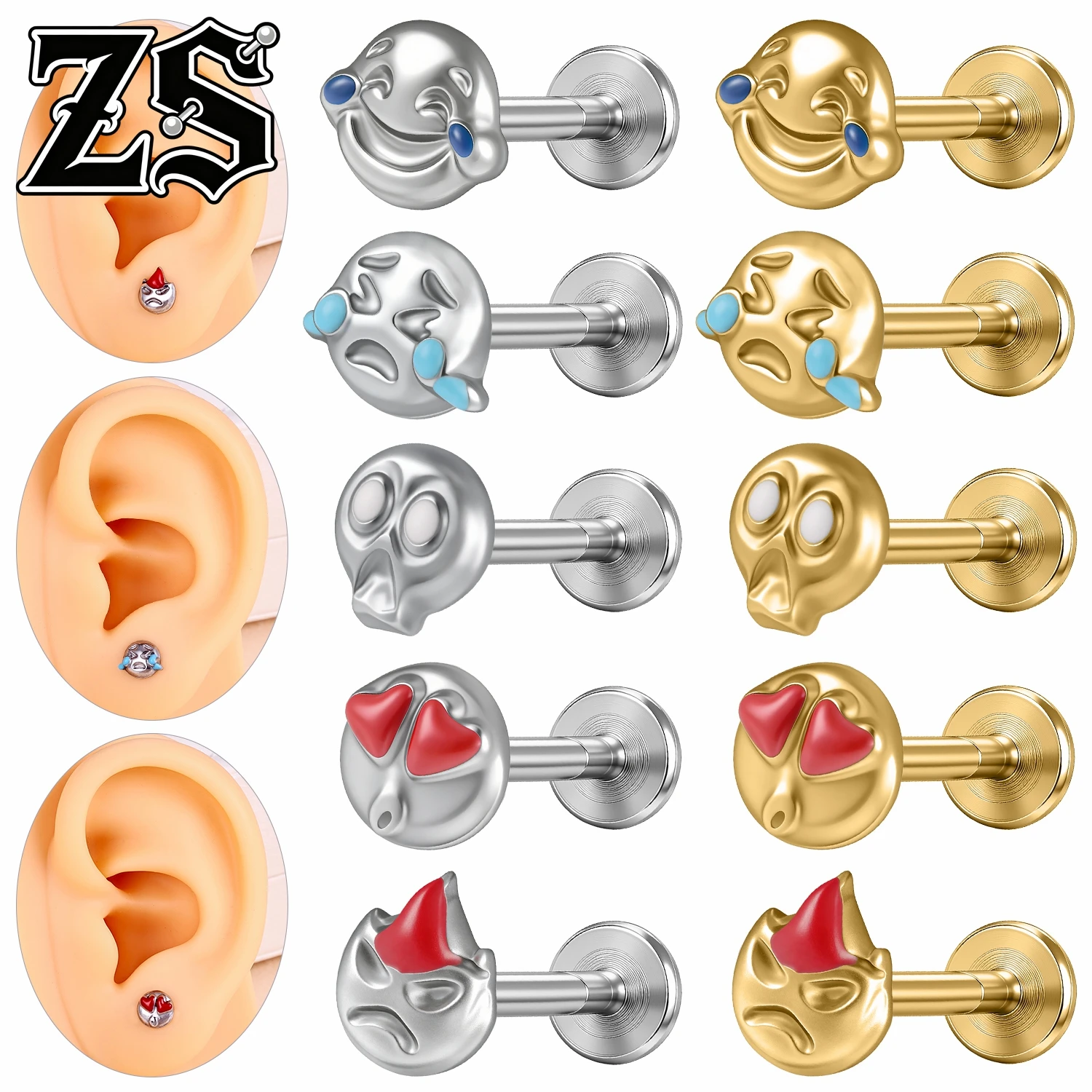 ZS 16G 1-5pcs/lot Stainless Steel Labret Lip Studs Unisex Stud Earrings Crying Simle Funny Expression Conch Helix Lobe Piercings